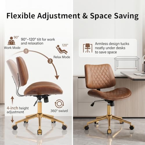 FervorFurn Armless Office Chair with Back, Mid Century Modern Walnut Style Desk Chair, No Arms Leather Computer Chair for Home Office, Vanity Chair, Seat-Rocking, Adjustable Height (Light Brown) - image 3