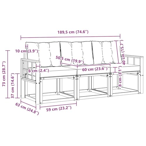 Canapé d'extérieur 3 pièces avec coussins lavables et structure laquée durable