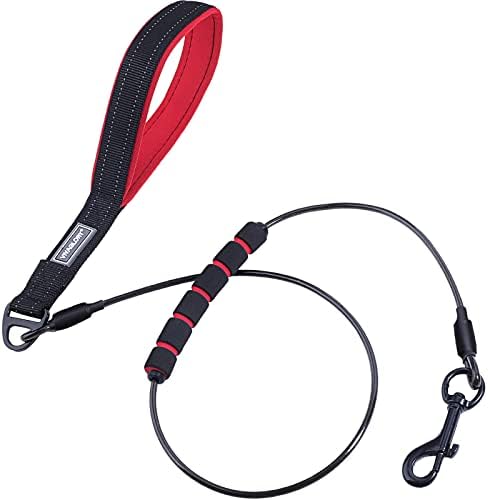 VIVAGLORY 182CM Chew Proof Dog Lead, Chew Resistant Twisted Stainless Steel Wire Rope Metal Leash with Padded Handle, Black