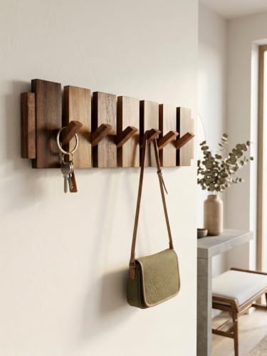 Modern Teak Wood Wall Mounted Hook Rack Foldable Multi-Hook Hange...