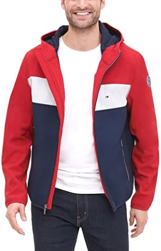 Tommy Hilfiger Men's Hooded Performance Soft Shell Jacket, red/white/navy, LARGE