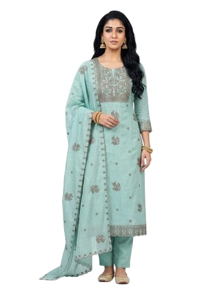 Women’s Unstitched Salwar Suit Material with Pure Silk Embroidery Top, Santoon Bottom & Embroidered Silk Dupatta | Party Ethnic Dress Material-image-2