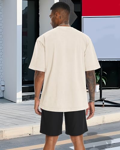 Oversized Tshirts for Men Short Sleeve Vintage Washed Basic Loose Tees, Pure Beige, L - Image 5