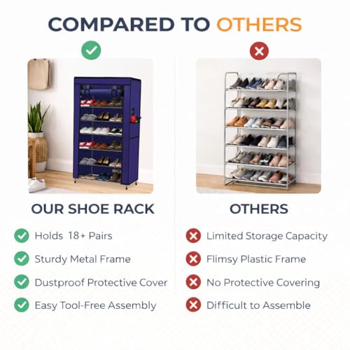 Image of Metal Shoe Stand with Cover, 6 Tier Shoe Organizer for Home & Office - Blue