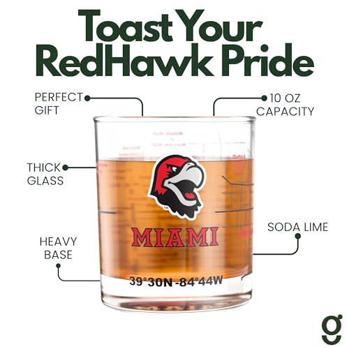 Image of Greenline Goods Miami University RedHawks Whiskey Glasses Set of 2, 10 oz Rocks Glasses with Full-Color Logo & Campus Map - Officially Licensed Bourbon Glass Gift for Alumni & Fans