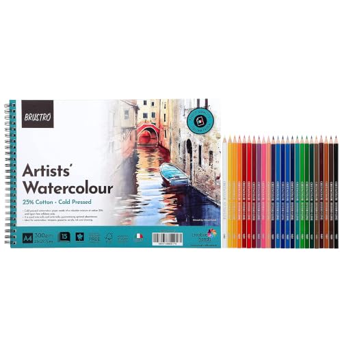 Image of Brustro Watercolour Paper Pad (300 GSM,A4,25% Cotton,Cold Pressed,15 Sheets) with Cretacolor Artist Studio Watercolor Pencils (Set of 24,Multicolor)|Ideal for Professional Drawing, Painting