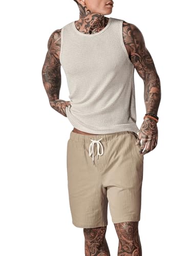 Men's 3 Pieces Outfit Sleeveless Tank Top and Drawstring Waist Shorts Set with Button Down Shirt4