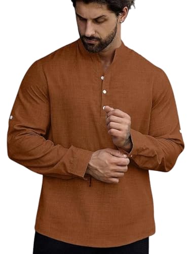 Image of GRECIILOOKS Kurta for Man | Shirt for Man Regular Fit | Mens Casual Shirts | Linen Shirt for Man's | Full Sleeve Shirts for Mens Stylish | Mandarin Collar | Kurta Placket Style
