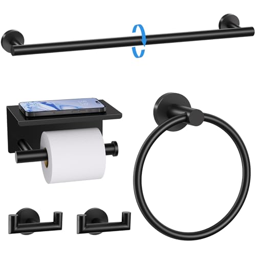 TNOMS 5 Pieces Towel Bar Set Matte Black Bathroom Hardware Set Upgraded Toilet Paper Holder with Shelf Towel Rail Set for Bathroom Stainless Steel Wall Mounted 23.6 Inch