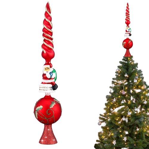 Sosation Glass Santa Claus Design Treetop 3 Tier Retro Glass Finial Tree Topper Vintage Spherical Christmas Tree Toppers Ornaments with Carved Pattern Unique Xmas Treetopper for Home Decoration, 13''