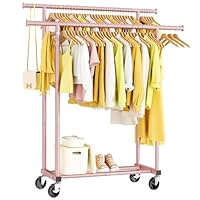 HYSEYY Double Rods Clothes Rack, Sturdy Rolling Clothing Rack, Portable Clothing Racks for Hanging Clothes - Metal Garment Rack Wardrobe Coat Rack for Bedroom Laundry Living Room, Pink
