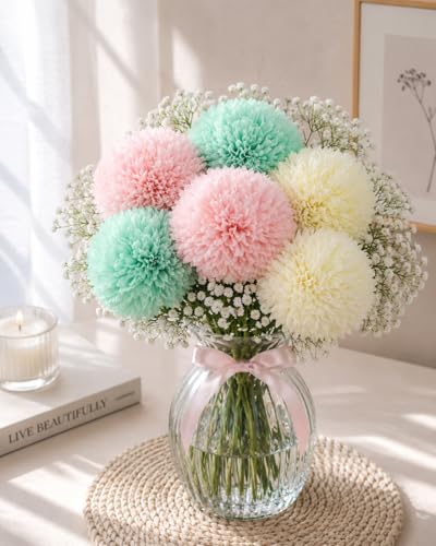 Image of Divyakosh Artificial Chrysanthemum Flower Bunch for Vase (Vase not Included) | Multicolor Pom-Pom Flowers with Gypsophila Fillers | Decorative Flowers for Home Dcor, Living Room, Table & Events |