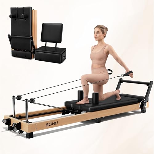 GOIMU Pilates Reformer, 91" Wooden Pilates Reformer Machine with Springs, Foldable Pilates Machine for Studio and Home, Oak Pilates Equipment with Jump Board and Sitting Box
