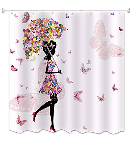A.Monamour Paraguas Floral Rosa Mariposa Chica con Vestido De Flores Blancos Fondos Impresión Impermeable Tela Moldeada Cortina De Ducha para Niños Decoraciones De Baño 180X180 CM / 72X72 Pulgadas