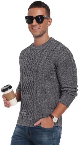 Askdeer Men's Pullover Sweater Fisherman Cable Knit Crewneck Sweater Winter Casual Knitted Sweaters with Ribbing Edge