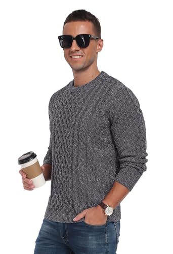 Askdeer Men's Pullover Sweater Fisherman Cable Knit Crewneck Sweater Winter Casual Knitted Sweaters with Ribbing Edge