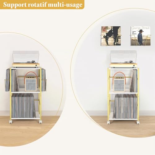 Bikoney Support Platine Vinyle avec Présentoirs, Meuble Tourne-Disque pour 150 Disques, Rangement Vinyle et Table d’Appoint – Support Vinyles avec 2 Affichages pour Salon ou Chambre – Doré – vue 7