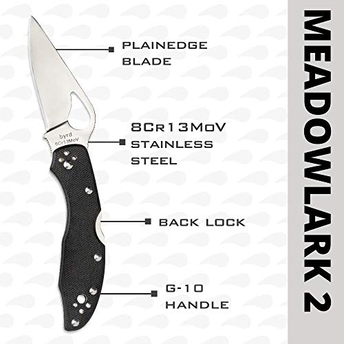 Image of Spyderco Byrd Meadowlark 2 Folding Pocket Knife, PlainEdge | 6.9 inch Overall Length, 2.97 inch 8Cr13MoV Steel Blade, G-10 Handle, Back Lock, Full-Flat Grind