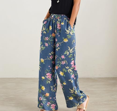 Womens Summer Fit Floral Printed Elastic Waist Jeans Casual Loose Flower Lightweigth Washed Straight Leg Denim Pants2