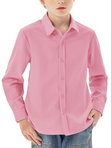 Haloumoning Chemise à manches longues pour garçon - Coupe droite - Décontractée - Pour les loisirs, les fêtes - Couleur unie - Repassage facile - Uniforme scolaire formel, Rose, 11-12 ans