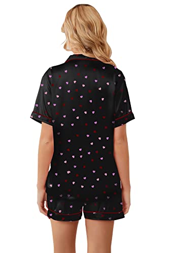 Women's Satin Pajamas Set, Short Sleeve Button Down Shirt Top + Elastic Waist Shorts Sets Summer Pajamas for Women, Heart Black, US 2XL