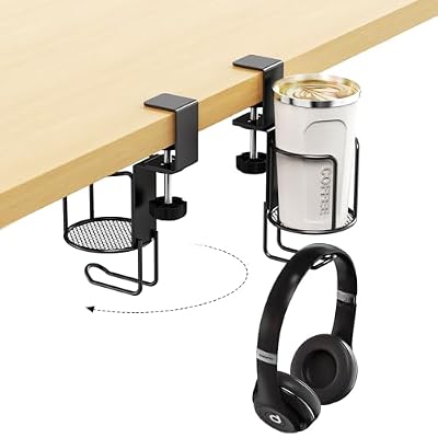 CABTE 2 in 1 Desk Cup Holder with Headphone Hanger Holder, Anti-Spill Clip-On Table Cup Hook with 360° Rotation for Lawn Chair, Office Home Gaming Table (1 Pack)