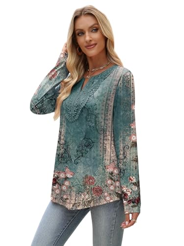 Image of XIEERDUO Boho Tops for Women Blouses Dressy Casual V Neck Long Sleeve Shirts Fall Outfits Trendy Vacation Clothes