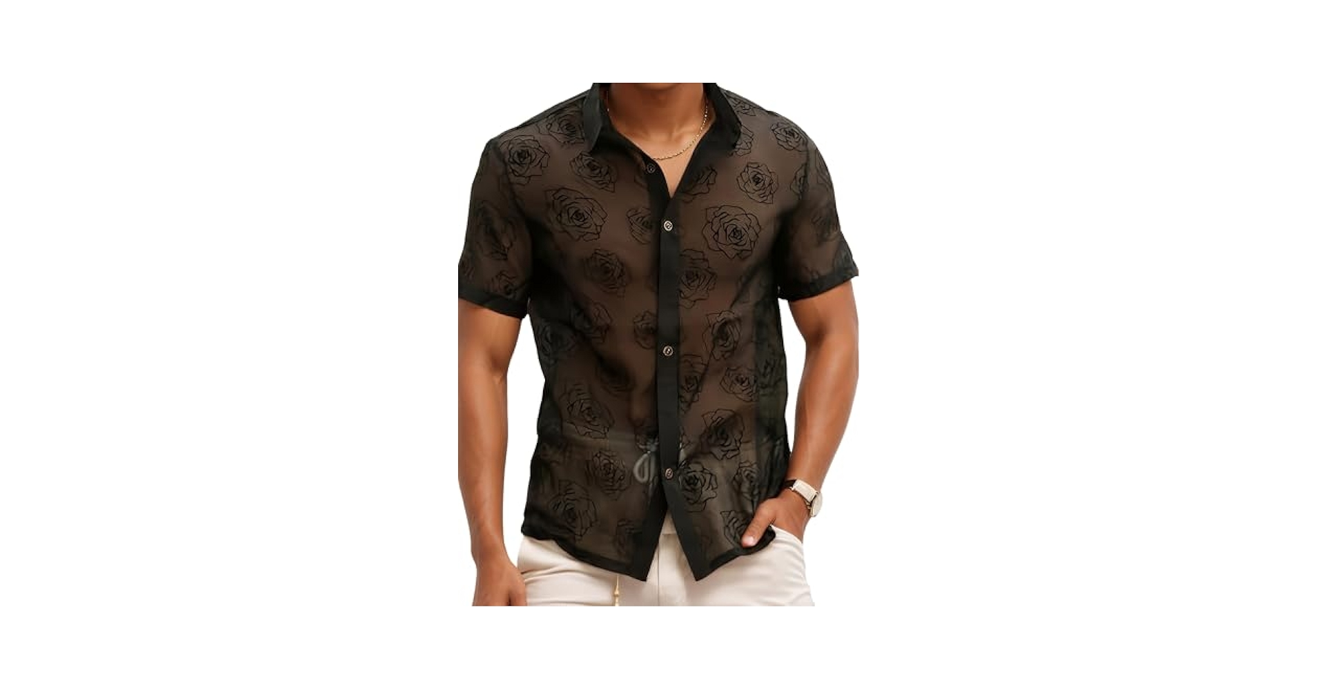 トップス SHEER FLOWER SHORT SLEEVE SHIRTS BLACK Amazon.com: Yonititeee Mens Floral See Through Lace Up