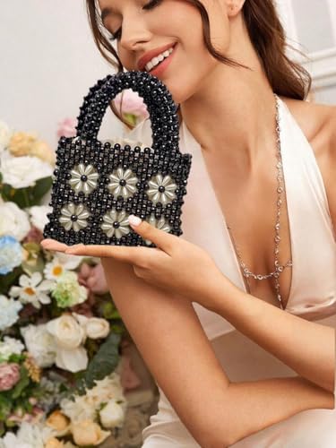 Image of Women Beaded Handbags Elegant Handmade Weave Purse Crystal Pearl String Tote Bags for Banquet Wedding Cocktail