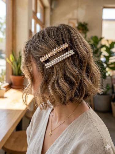 Image of Pearl & Crystal Hair Clips Set for Women, Elegant Rhinestone Barrettes, Stylish Hair Pins for Party, Wedding, Daily Wear - Pack of 2