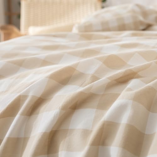 Image of BESTOUCH Gingham Cotton Duvet Cover Set Almond Grey Twin | Washed Cotton, Linen Feel, Soft Wrinkle Texture, Hidden Zipper, 8 Ties, Breathable Lightweight Durable Comfy, 2 Pcs No Insert
