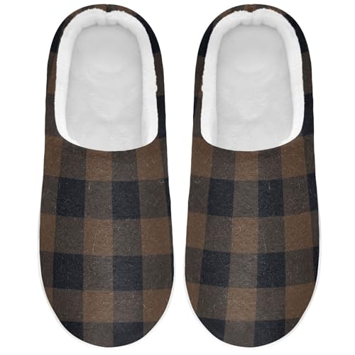 JUNZAN Brown Black Gingham Buffalo Plaid Women Home Cotton Slippers Breathable Memory Foam Travel Slippers for Indoor Christmas Presents 6-7