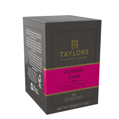 Image of Taylors of Harrogate Classic Chai, Black Tea, Individually Wrapped Bags, 20 Count (Pack of 1), Spiced, Aromatic & Warming, Caffeinated, Enjoy Hot or Iced, 20 Teabags