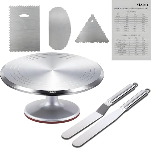 Tortenplatte Drehbar Aluminiumlegierung, Yizish Drehbare Tortenplatte 31 cm, Drehteller Torte Dekorationssets mit 2 Eisspatel und 3 Teigschaber Edelstahl zum Backen, Gebäck und Muttertag