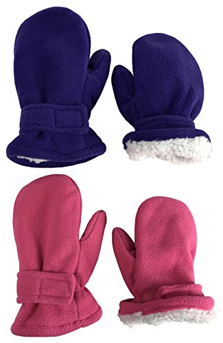 N'Ice Caps Baby Toddler Mittens Kids 2 Pairs Fleece Gloves Winter Warm Sherpa Lined (2-3 Years, Purple/Fuchsia Pack)