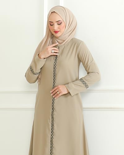 Image of istanbul styles Embroidered Sleeves Abaya with Side Zipper Embroidery Long Sleeve Floor Length Turkish Abaya for Women