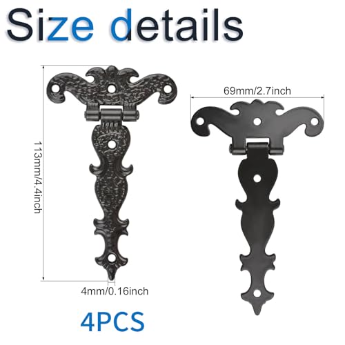 INCREWAY 4pcs Classic Decorative T-Strap Hinges, 3.2 inch Heavy Duty Zinc Alloy Antique Shed Door Hinges with Screws (Black) - Image 2
