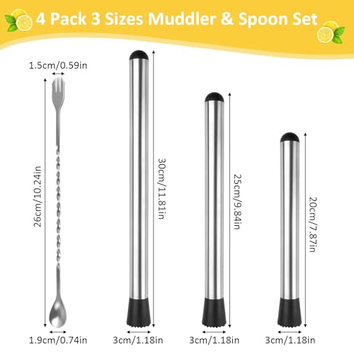 Muddler for Cocktails, 4 Pack Cocktail Muddler 8\" 10\" 12\" and Bar Spoon Set, Stainless Steel Muddler Tool, Bar Accessories for Mojitos Fruit Lemon Drinks Party