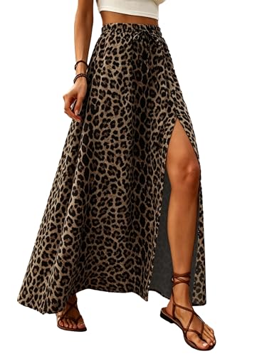 EIRUKON Rock Damen Lang Elegant Röcke Leopard Maxirock Sommerrock mit Schlitz A Linie Sommer Maxi Skirt Elastische High Waist Strandrock Freizeitrock Leopard M