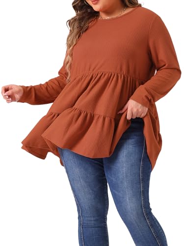 Agnes Orinda Plus Size Babydoll Tops for Women Long Sleeve Crew Neck Casual Loose Peplum Tops Blouses Tunics2