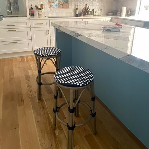 PURPLE LEAF Outdoor Round Bar Height Stool Set of 2 Patio Backless Barstools Aluminum Frame in Champagne Finish with Navy Blue & White Woven Rattan for Indoor Kitchen Dining Bistros Cafe Restaurant