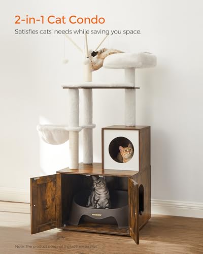 Image of Feandrea Cat Tree with Litter Box Enclosure, 59-Inch Modern Cat Tower | 2-In-1 Condo with Scratching Posts, Washable Removable Cushion, Rustic Brown UPCT113X01