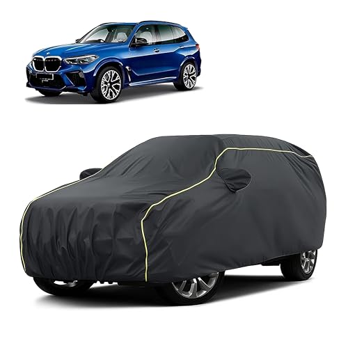 Image of Sulfar 100% Water Resistant Car Body Cover Compatible with Mirror for BMW X5M (Triple Stitched, Full Bottom Elastic, Dark Grey Taffeta with Yellow Piping)
