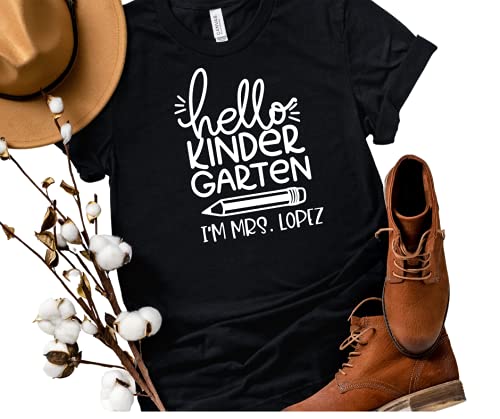 Shake and Shine Shop Hello Back to School Teacher Shirts, Personalized Kindergarten Teacher T-Shirts, Cute First Day of School Plus Size Teacher Shirts, Preschool T Shirt, All Grades. Multicolor