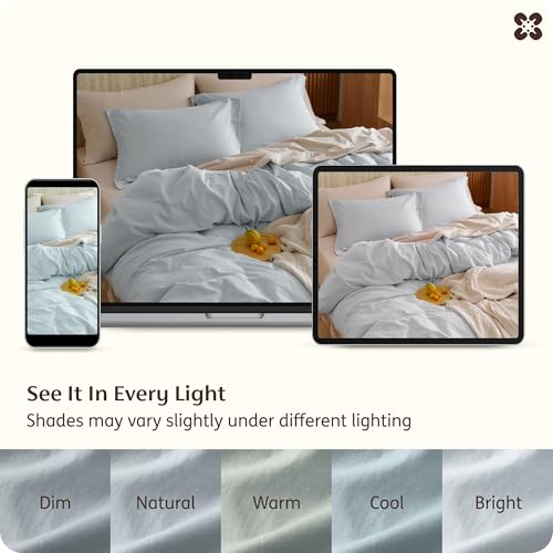 Image of Bedsure 100% Washed Cotton Duvet Cover Queen Size - Pastel Blue Minimalist Bedding Set Linen Like - PureWoven Plain Simple & Soft Comforter Cover for All Seasons (Pastel Blue, Queen, 90 inchx90 inch)