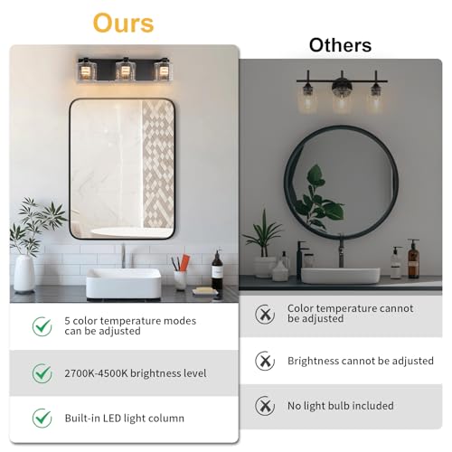 Image of foucasal LED Bathroom Vanity Lights, 5CCT Dimmable 2700K-4500K Vanity Light Fixtures Over Mirror, Modern Vanity Lighting for Bathroom Restroom Hallway Living Room (Black, 3-Light)