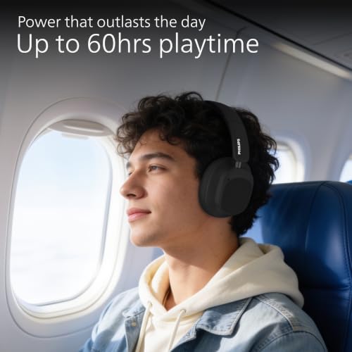 Image of PHILIPS TAH6550 Bluetooth Wireless Over-Ear Headphones with 3 Mics, 60 Hours Battery Life, 40mm Drivers, Bluetooth 5.3, Dual Pairing, USB-C Charging, AUX Connectivity, Black