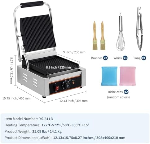 1800W Commercial Panini Press Grill – 9"x9" Full Grooved Surface – 6-Level Adjustable Temperature – Stainless Steel Sandwich Maker, Nonstick Plates, Removable Oil Tray - 1