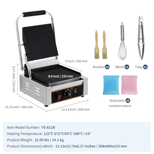 1800W Commercial Panini Press Grill – 9"x9" Full Grooved Surface – 6-Level Adjustable Temperature – Stainless Steel Sandwich Maker, Nonstick Plates, Removable Oil Tray