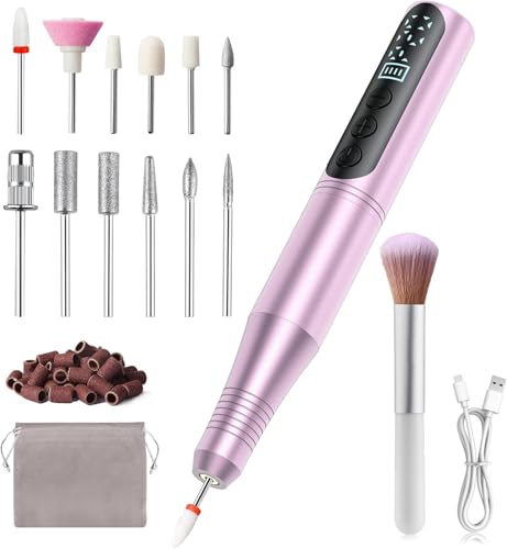 YOHOOLYO Torno para Uñas 13 en 1 Torno Uñas Inalámbrico Recargable Con Pantalla LED Broca de Cerámica 4 Velocidades Ajustables Manicura y Pedicura para Salón DIY-Púrpura